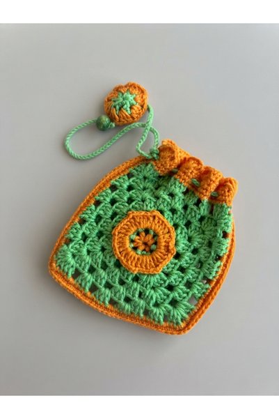 GENCATELİER Handmade Knitted Daisy Flower Motif Drawstring Mini Pouch and Jew...