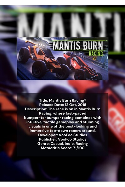OEM Poster Infografic Mantis Burn Racing, Joc Curse Auto, Carton 250g, A4