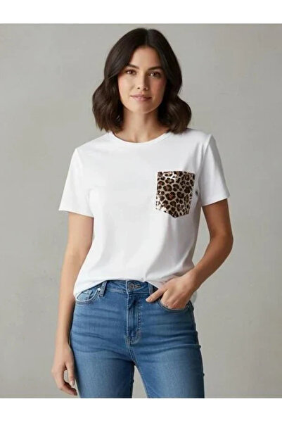 Glamorous Style Γυναικεία Λευκή Βαμβακερή Μπλούζα με Animal Print Τσέπη