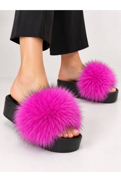 PAPUCUMUN DÜNYASI Women's Genuine Leather Thick Black Sole Luxury Real Fur Sl...