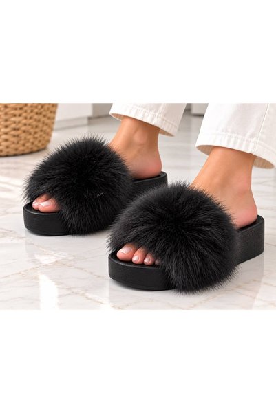 PAPUCUMUN DÜNYASI Women's Genuine Leather Thick Black Sole Luxury Real Fur Sl...