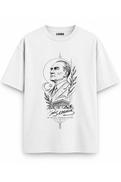 MEN'S WEAR Premium Unisex ATATÜRK 29 EKİM 10 KASIM Baskılı %100 Pamuklu Bisiklet Yaka Kısa Kollu Siyah-Beyaz T-Shirt Tişört BATTALBOY BÜYÜK BEDEN