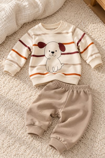 METEOR BABY Baby Set Dog Patterned Striped 2-Piece Set Long Sleeve Top and Bo...