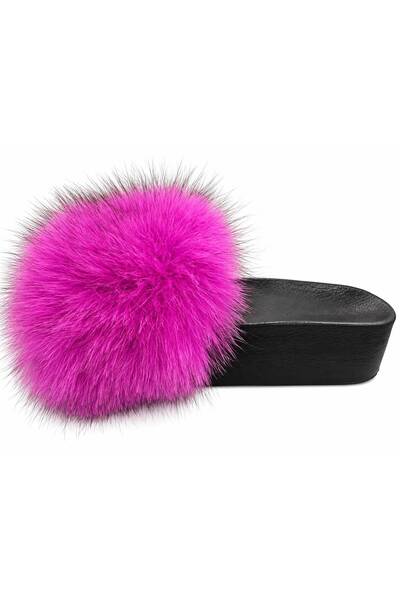 PAPUCUMUN DÜNYASI Women's Genuine Leather Thick Black Sole Luxury Real Fur Slippers
