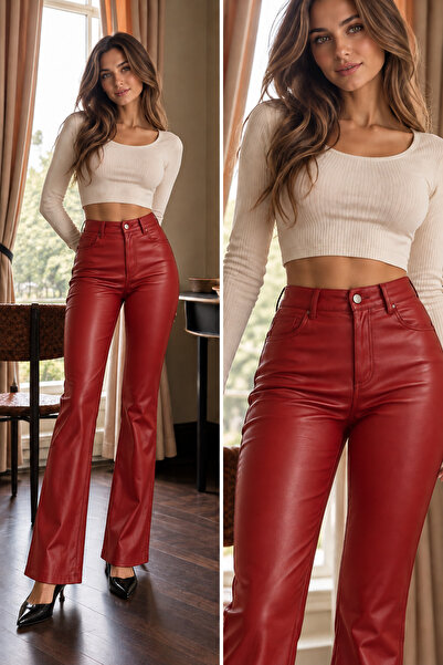 moda wanilia Women's High Waist Leather-Look Lightweight Spanish Flare Wide C...