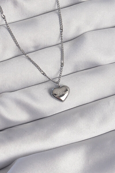 Toptan Bulurum 316L Steel Silver Color Heart Model Love Necklace