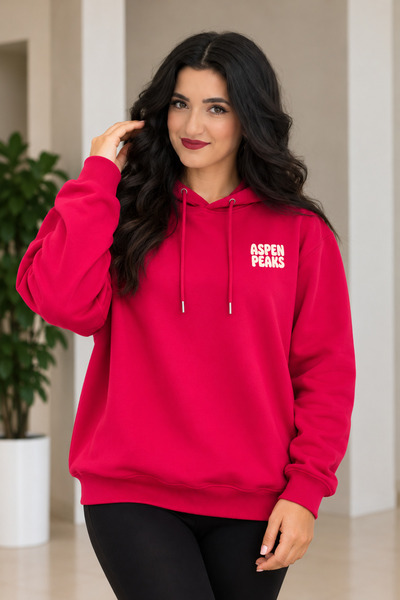 Genel Markalar Kadın Fuşya Aspen Peaks Baskılı Kapüşonlu Oversize Sweatshirt