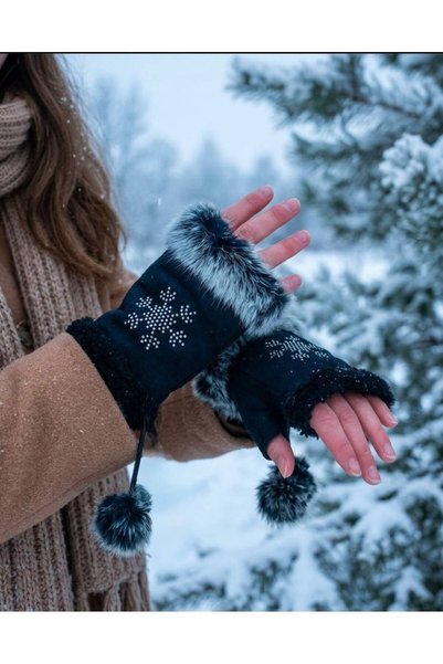 JHTshop Winter Elegance: Rhinestone and Fur Gloves[Fingerless]