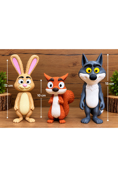 3’lü Çizgi Film Figür Oyuncak Seti – Tavşan, Sincap ve Kurt – Çocuk Oyuncağı, 3D Hayvan Figürleri, Dekoratif Oyuncak Seti