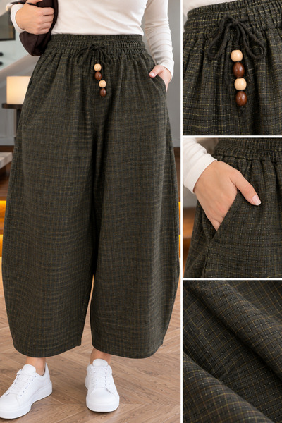 MERİDE Women's Plaid Patterned Parachute Fabric Elastic Balloon Pants-51473-Brown - m