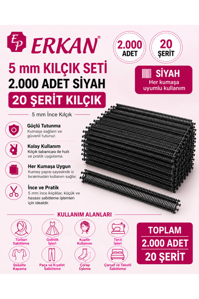 ERKAN 5 mm Gelinlik Türban Terzi Kılçığı Siyah Renk 20 Şerit (2.000 Adet)