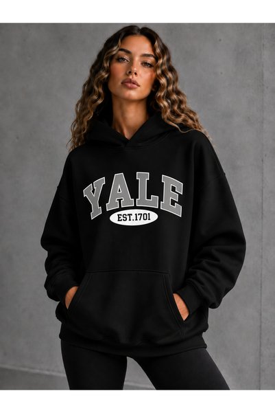 VODEXA Adult Women's Black Hooded Printed 3 Thread Ribbed Winter Sweatshirt
