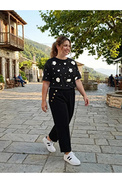 Glamorous Style Γυναικείο Μαύρο T-Shirt με Λευκά Λουλούδια