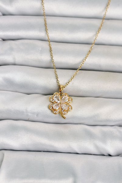 Toptan Bulurum 316L Steel Chain Gold Color 4 Leaf Clover Model Women's Necklace