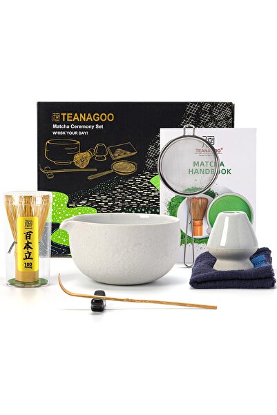 TEANAGOO Set de ceai Matcha din 7 piese cu bol, tel și turnător – Gri deschis