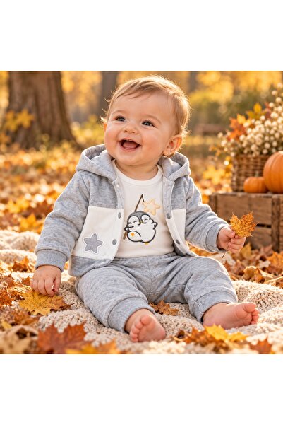 Pure Boutique Set bebe baiat 3 piese, catifea gri, body bumbac cu pinguin, ha...