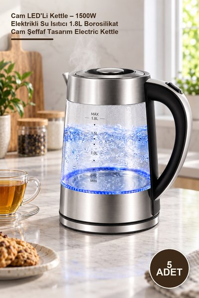 Yenilig 5 Adet Cam LED'Li Kettle – 1500W Elektrikli Su Isıtıcı 1.8L Borosilikat Cam Şeffaf Tasarım Electric Kettle