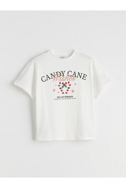 LC Waikiki Nevavm Farkıyla Lcw Kids Ecru Oval Collar Girls' T-Shirt