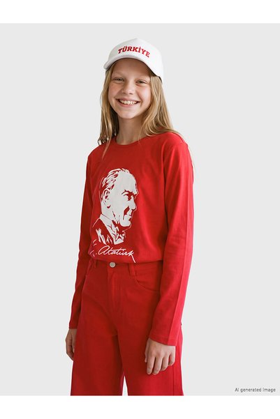 LC Waikiki تي شيرت LCW Kids باللون الأحمر مطبوع عليه أتاتورك للفتيات من NEVAVM