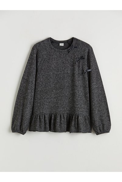 LC Waikiki Nevavm Farkıyla Lcw Kids Gray Oval Collar Bow Detailed Girls' T-Shirt
