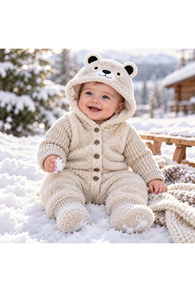 Pure Boutique Combinezon bebe crem cu gluga ursulet, material pufos si maneci...