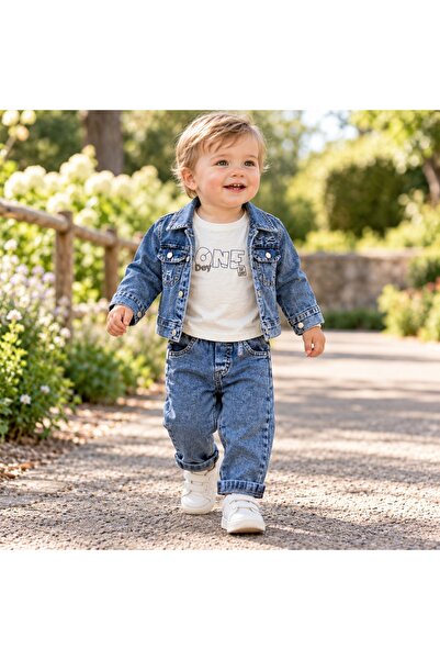 Pure Boutique Set baieti 3 piese cu geaca denim, pantaloni jeans si bluza cu ...