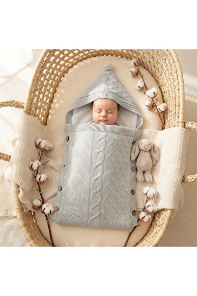 Pure Boutique Sac de dormit bebe tricotat gri cu gluga, interior pufos imblan...