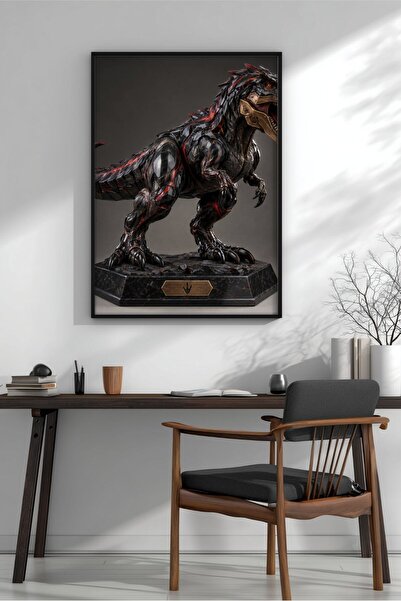 KEYFHOME Figură de dinozaur T-Rex negru înrămat MDF tablou poster pentru came...