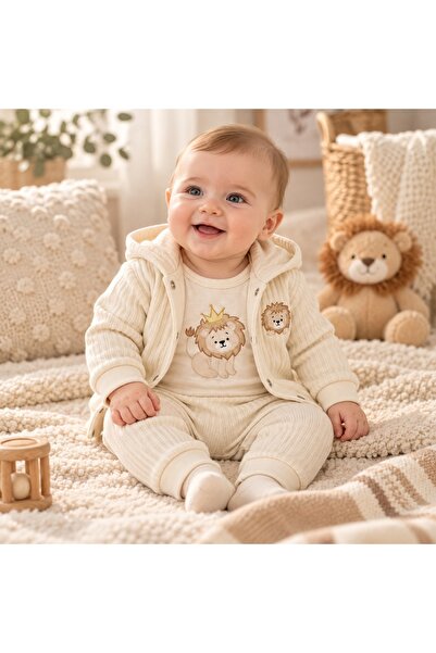 Pure Boutique Set bebe baiat 3 piese din bumbac crem cu hanorac body si panta...