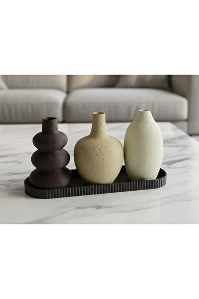 ELİSY 3D Printed Decorative Vase Set of 3 with Presentation Tray - Modern Min...