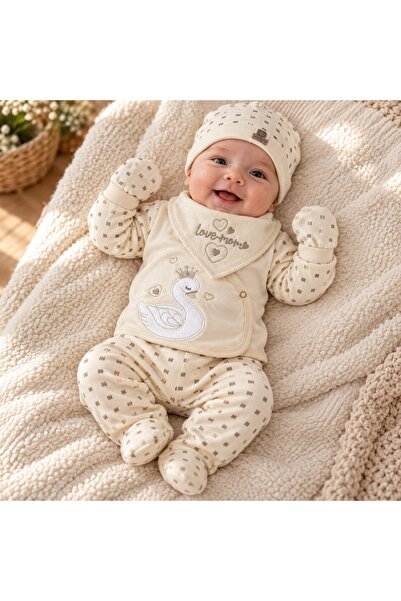 Pure Boutique Set nou nascut 5 piese din bumbac crem cu lebada, pantaloni cu ...