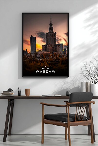 KEYFHOME Tablou MDF cu ramă cu silueta apusului de soare din Varșovia, poster...