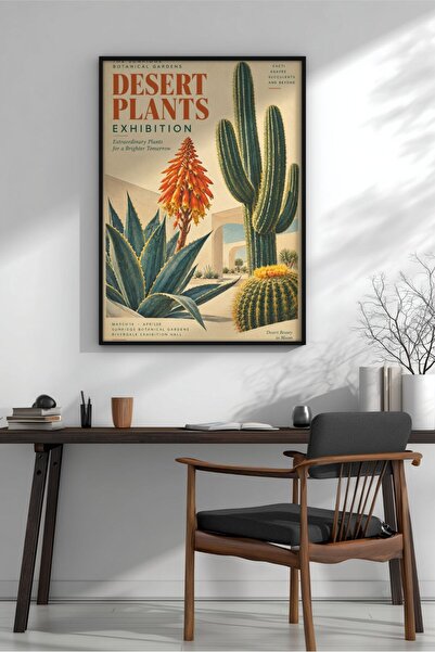 KEYFHOME Retro Desert Plants Cactus Exhibition Încadrat MDF Tablou Poster Liv...