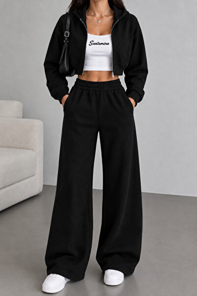 DEZZİİ Black Cropped Cardigan and Wide-Legged Sweatpants Set