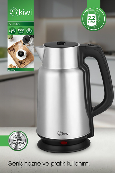 Kiwi KK-3334 Su Isıtıcı | 2.2L Paslanmaz Çelik, 360° Kablosuz, Gizli Rezistans - PH