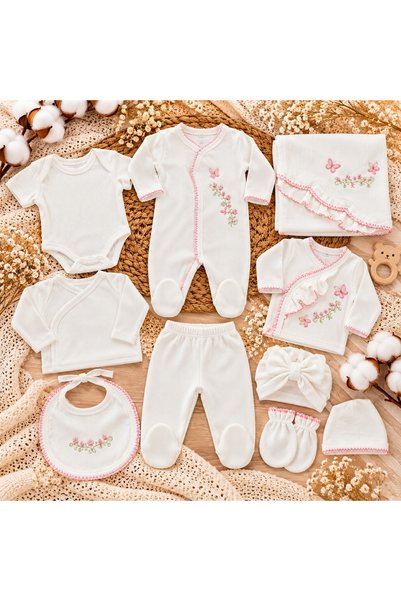 Pure Boutique Set nou nascut 10 piese bumbac, alb roz, flori si fluturasi, pa...