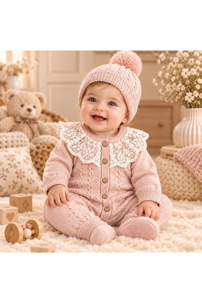 Pure Boutique Salopeta tricotata bebe fetita din lana naturala roz pudrat cu ...