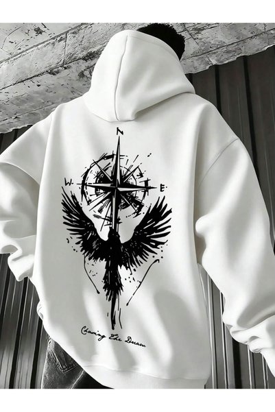 over head oh Hanorac oversize cu glugă, cu imprimeu Pusula Mysterious Wing, p...