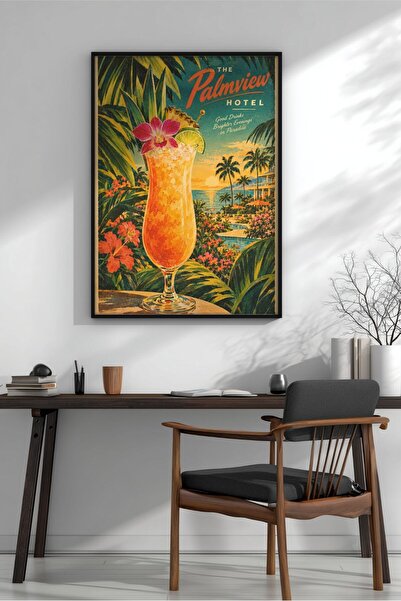 KEYFHOME Retro Tropical Cocktail Hotel Poster cu ramă MDF Tablou Poster Bucăt...