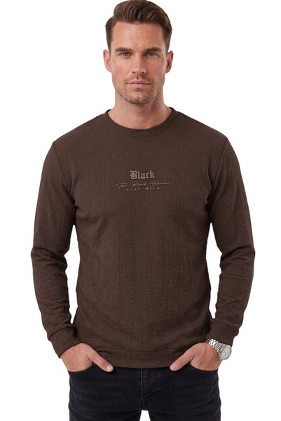DeepSEA Erkek Slim Fit Jakar Dokulu Kahve Sweatshirt – Likralı Yumuşak Dokulu Bisiklet Yaka Nakışlı 2708516