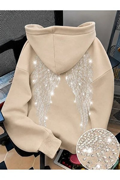 HAI COLLECTİON Women's Angel Wing Stone Printed Oversize Hooded Sweatshirt