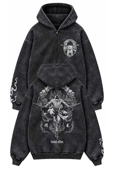 Fuddy Moda Unisex Oversize One Piece Zoro Sırt ve Kol Baskılı Kapüşonlu Fermu...