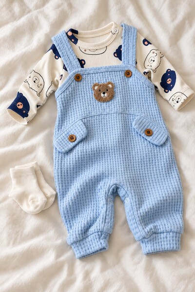 METEOR BABY Baby Boy Set - Bear Patterned Long Sleeved T-Shirt - Socks - Salo...