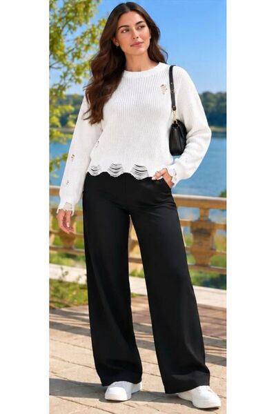zeyoo collection ihb Women's Thessaloniki Knitted Ripped Detailed Oversize Crew Neck Sweater