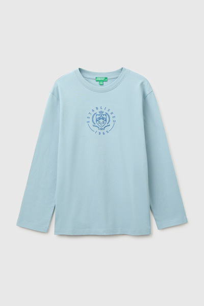United Colors of Benetton Boy's ice blue long sleeve t-shirt with embroidered...