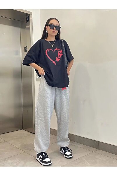 Gisha Tricou cu imprimeu inimă fluture pentru femei - Tricou Jogger Set de tr...