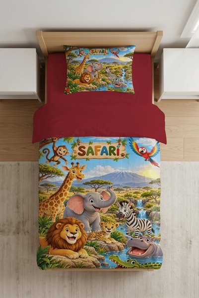 Luvis Store Safari Adventure Animal Friends Patterned Single Children's Duvet Cover Set - Without Sheets