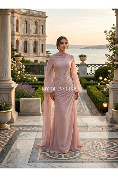 MY DRESS LIKE Tesettür Balo Elbisesi Helenistik Kadın Pudra Abiye