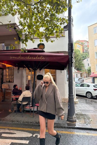 lizge giyim OVERSİZE ŞAL YAKA YÜNLÜ HIRKA