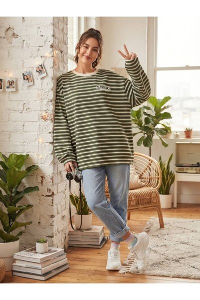 moda gk Çizgili Bisiklet Yaka Oversize Düşük Kol Örme Sweatshirt